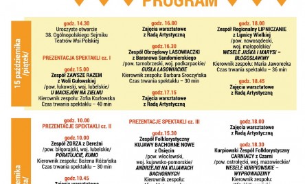 Program 38. Ogólnopolskiego Sejmiku Teatrów Wsi Polskiej. Tarnogród 15-17 października 2021